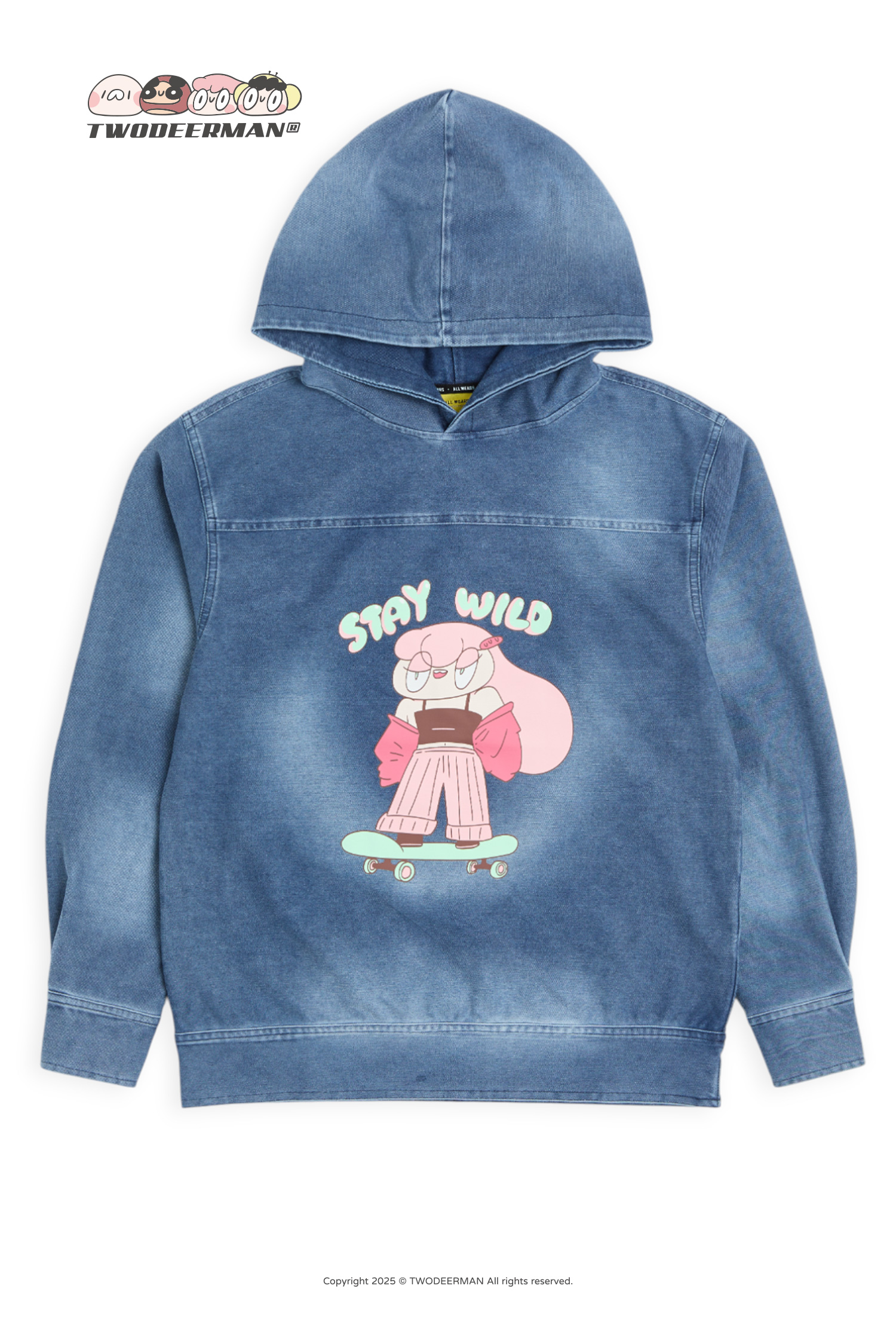 鹿人與泥鰍 剪接牛仔連帽長袖上衣