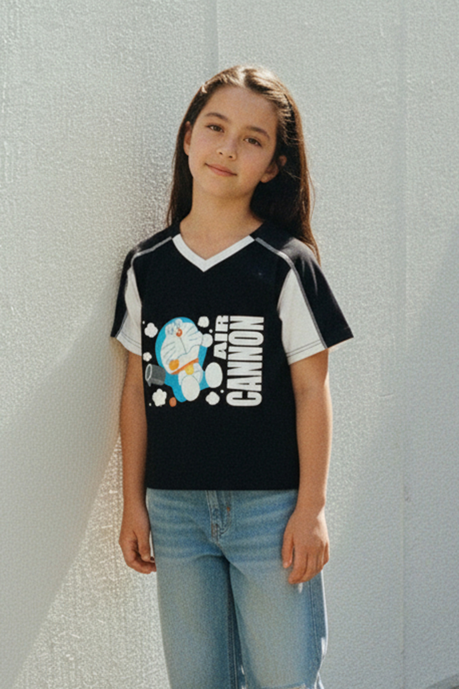 哆啦A夢 V領撞色短袖上衣(童)