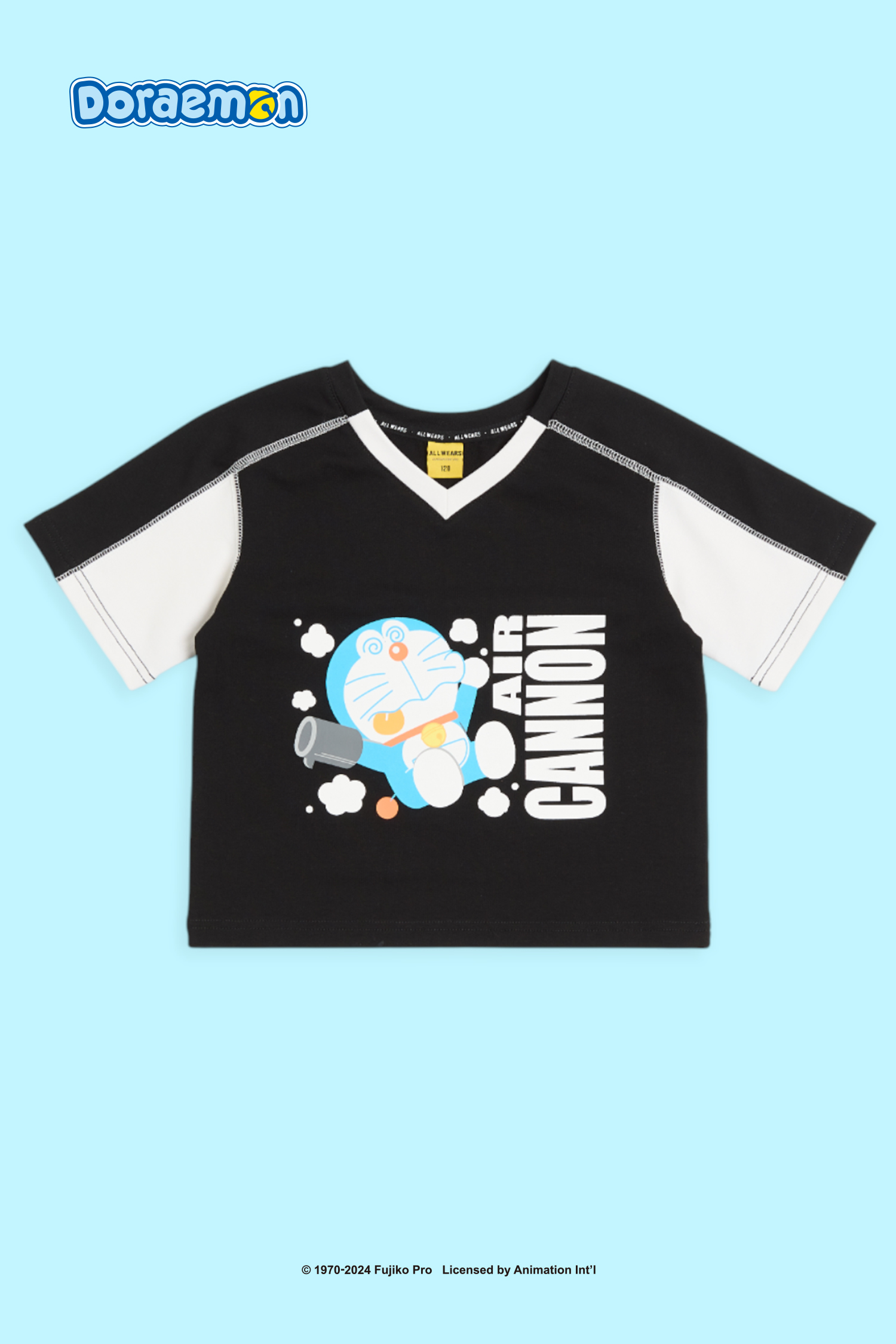 哆啦A夢 V領撞色短袖上衣(童)