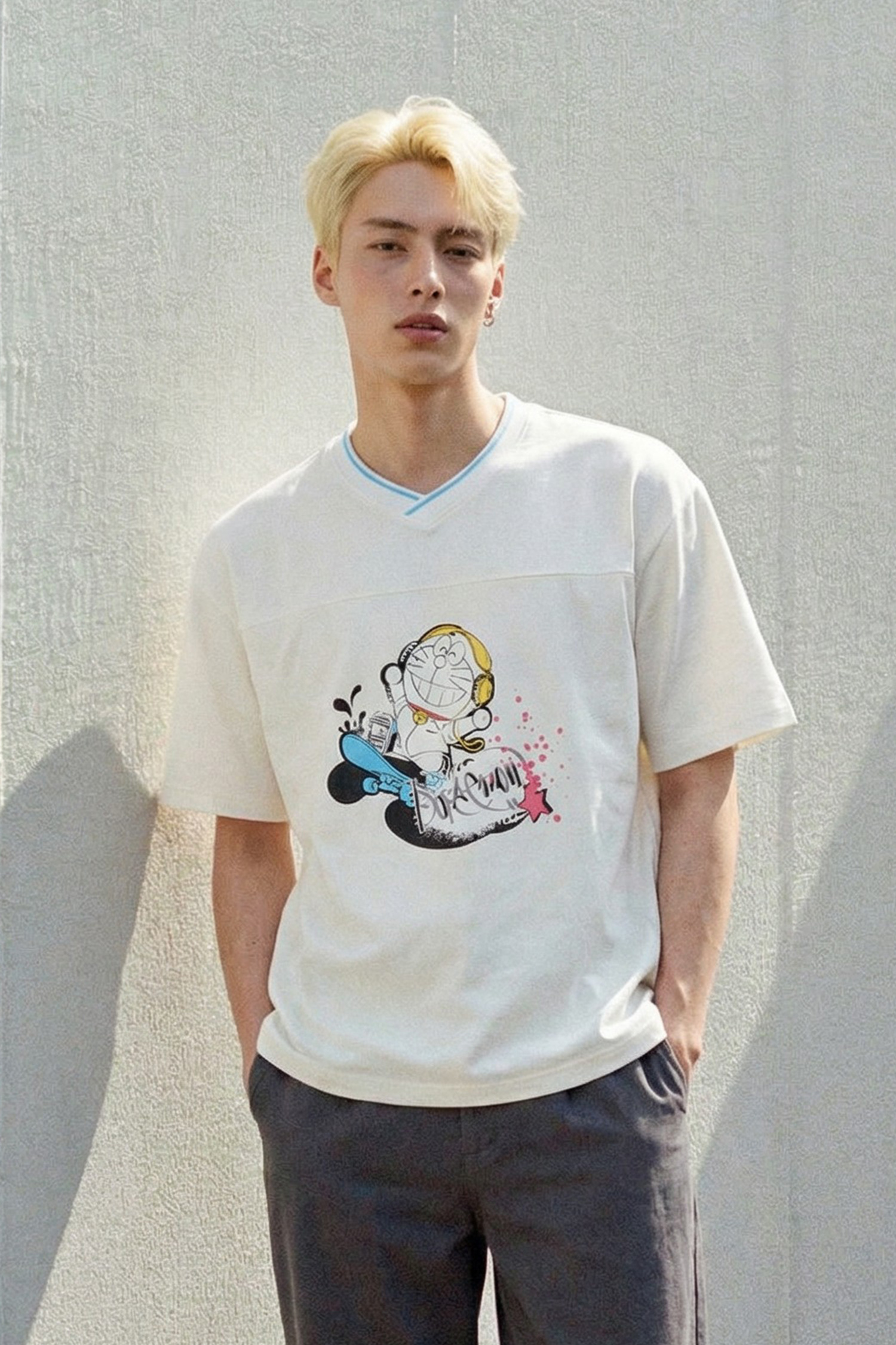 哆啦A夢 街頭滑板 V領短袖上衣