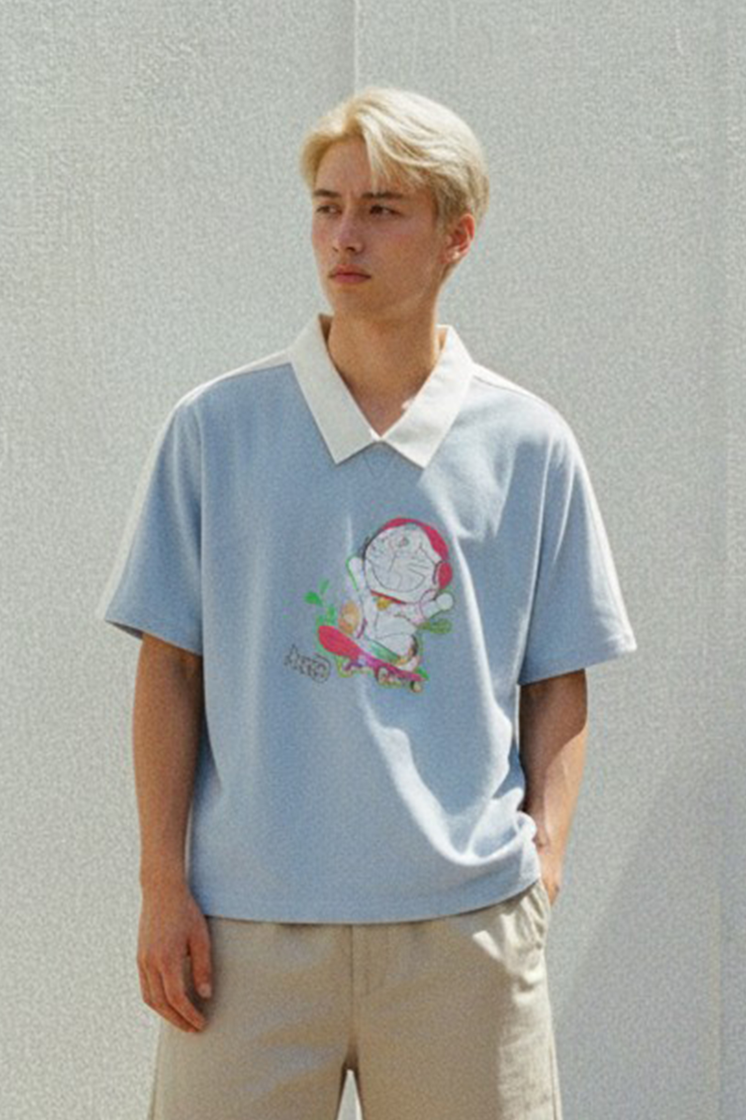 哆啦A夢 街頭滑板 翻領麂皮短袖上衣