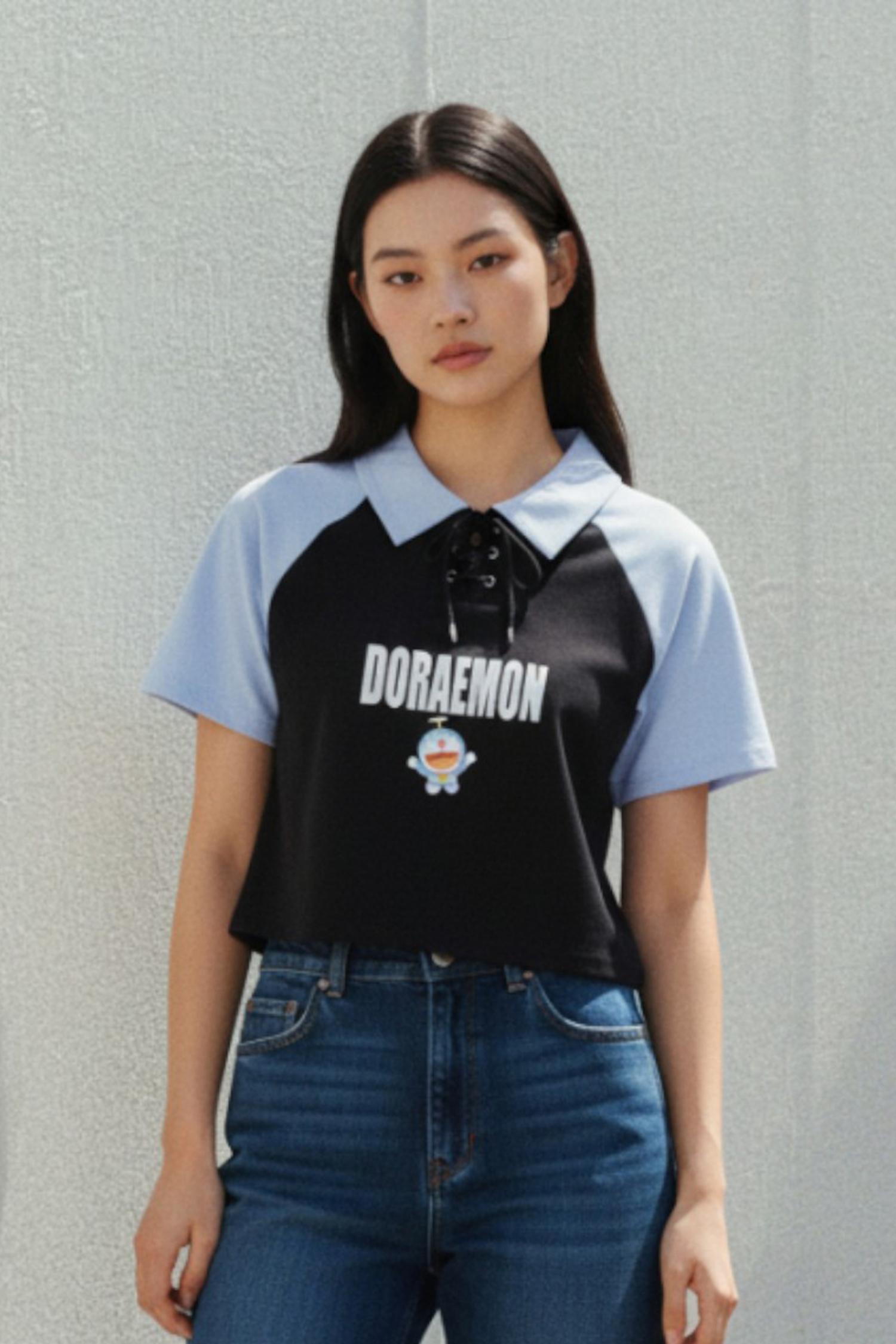 哆啦A夢 綁繩半開襟短袖上衣(女)