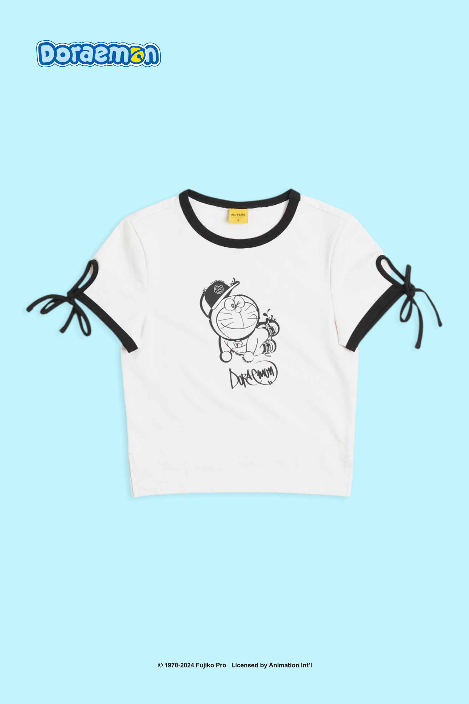 哆啦A夢 街頭滑板 撞色短袖上衣(女)