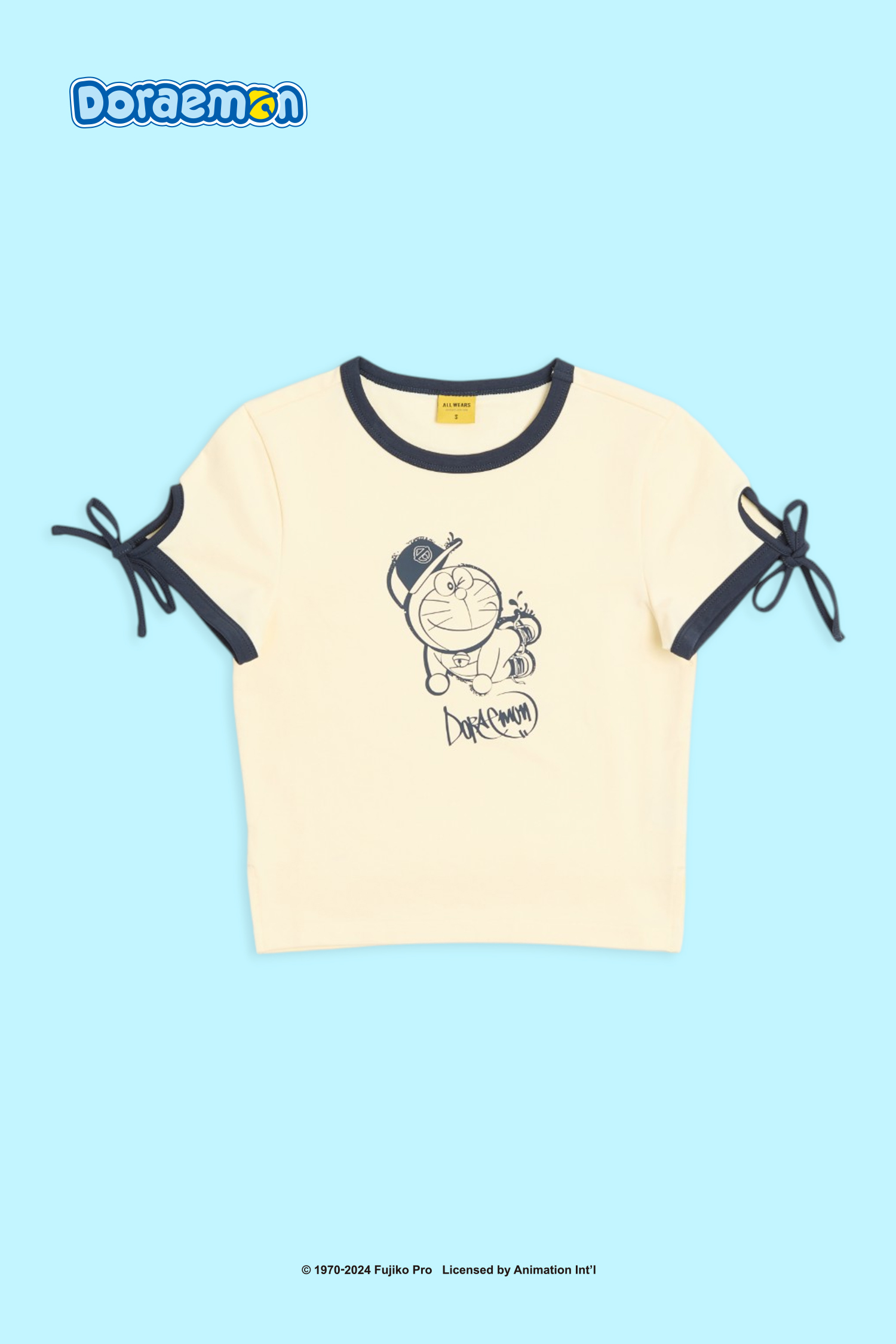 哆啦A夢 街頭滑板 撞色短袖上衣(女)