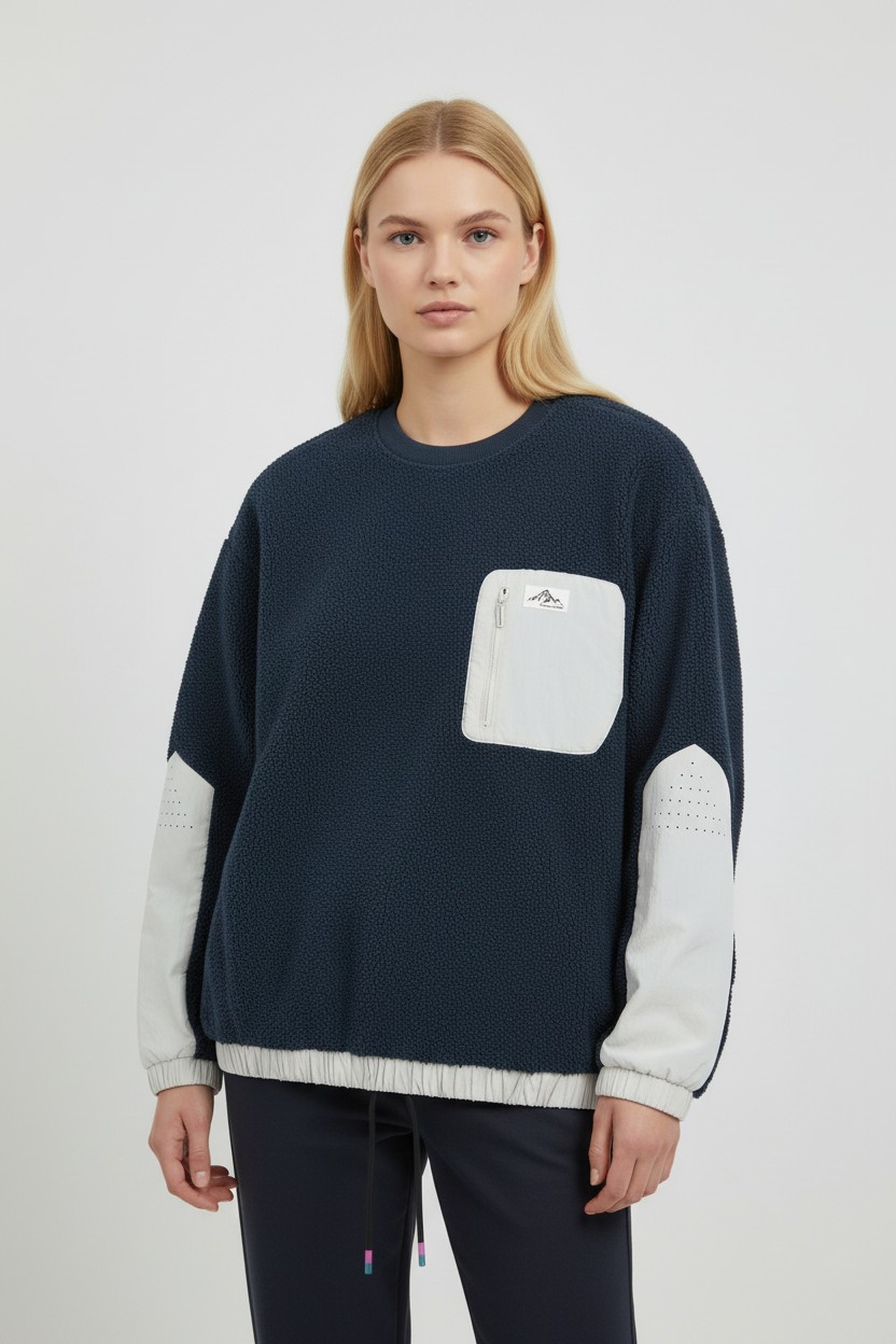 拼接貼袋 毛絨圓領長袖上衣