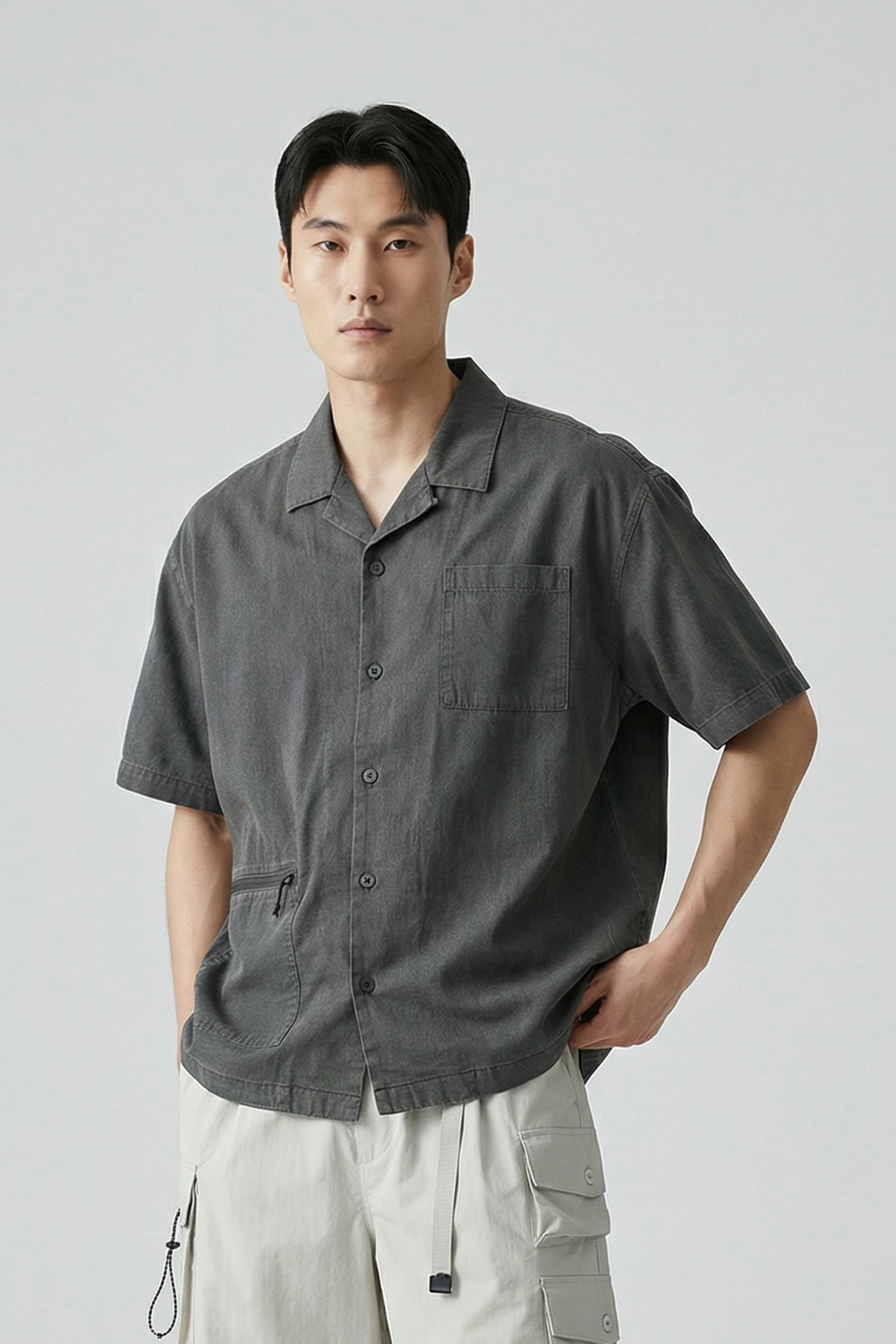 刷白斜紋口袋短袖襯衫