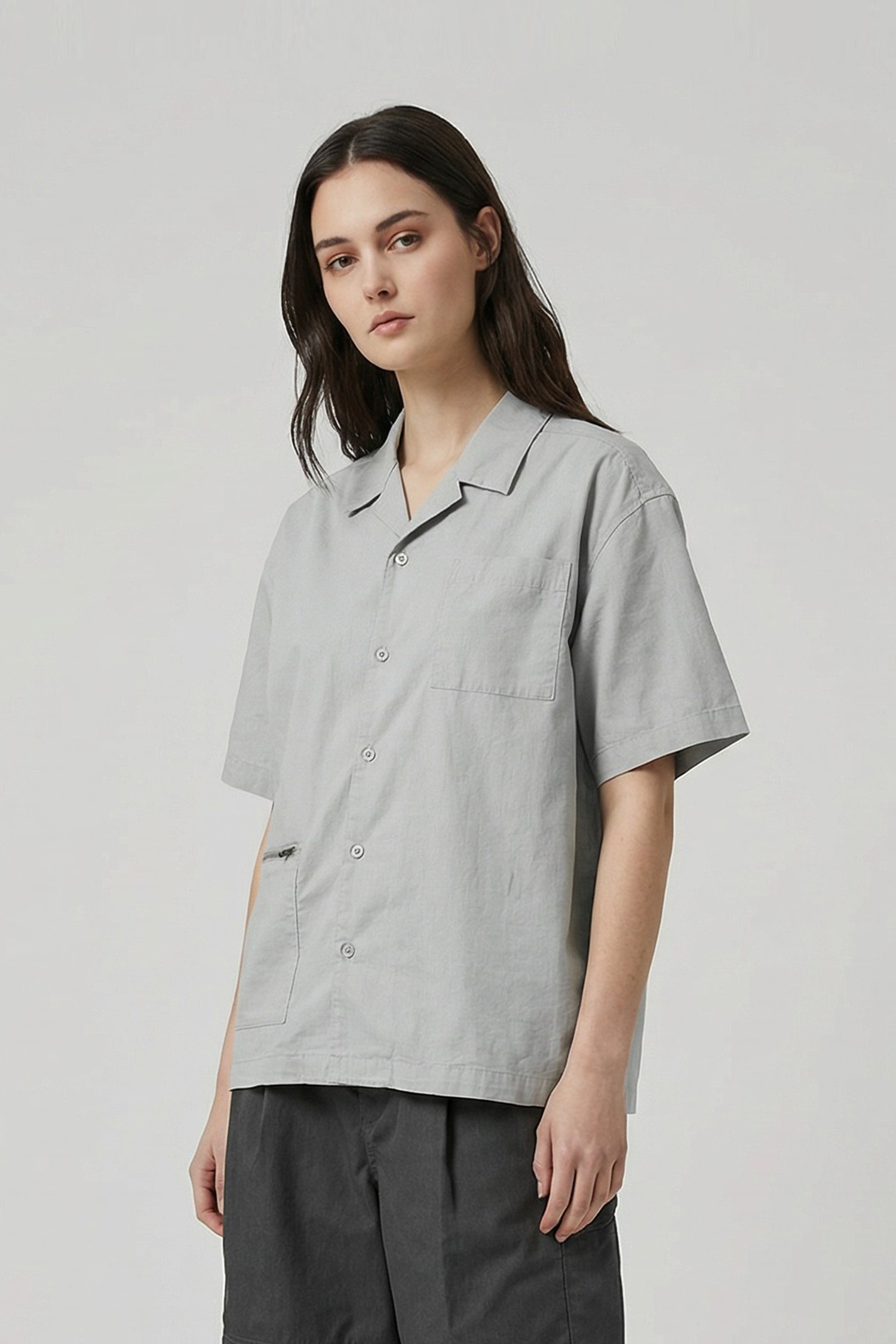 刷白斜紋口袋短袖襯衫