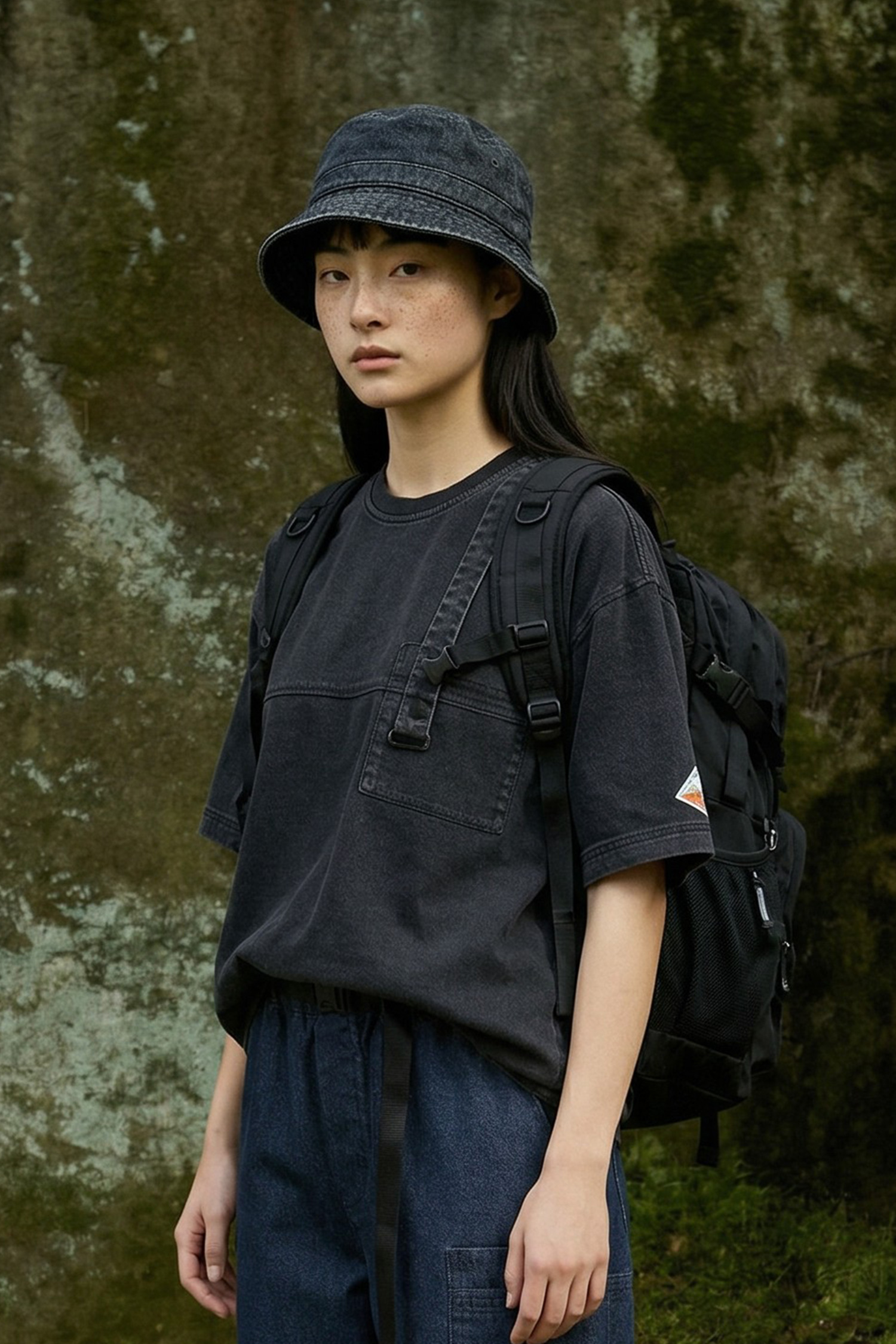 水洗雙色菱格牛仔短袖上衣