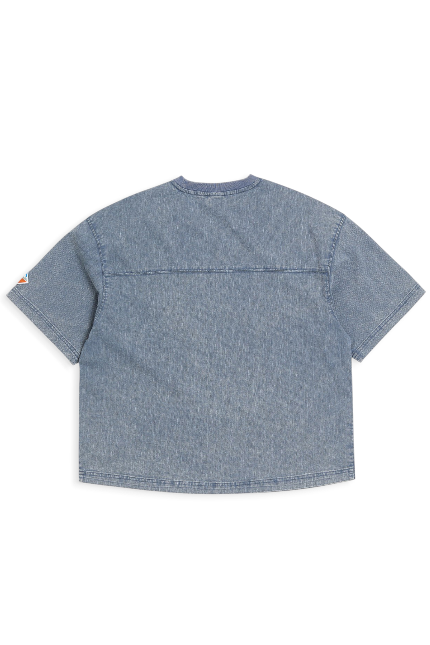 水洗雙色菱格牛仔短袖上衣