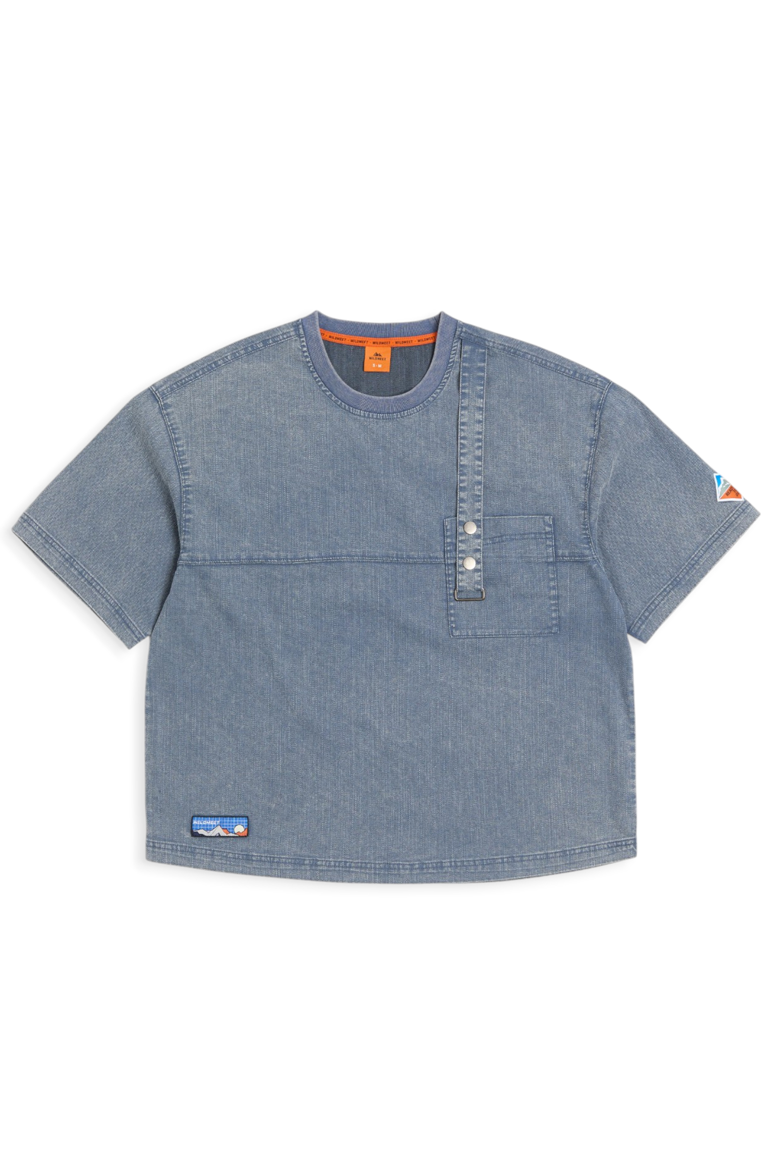 水洗雙色菱格牛仔短袖上衣