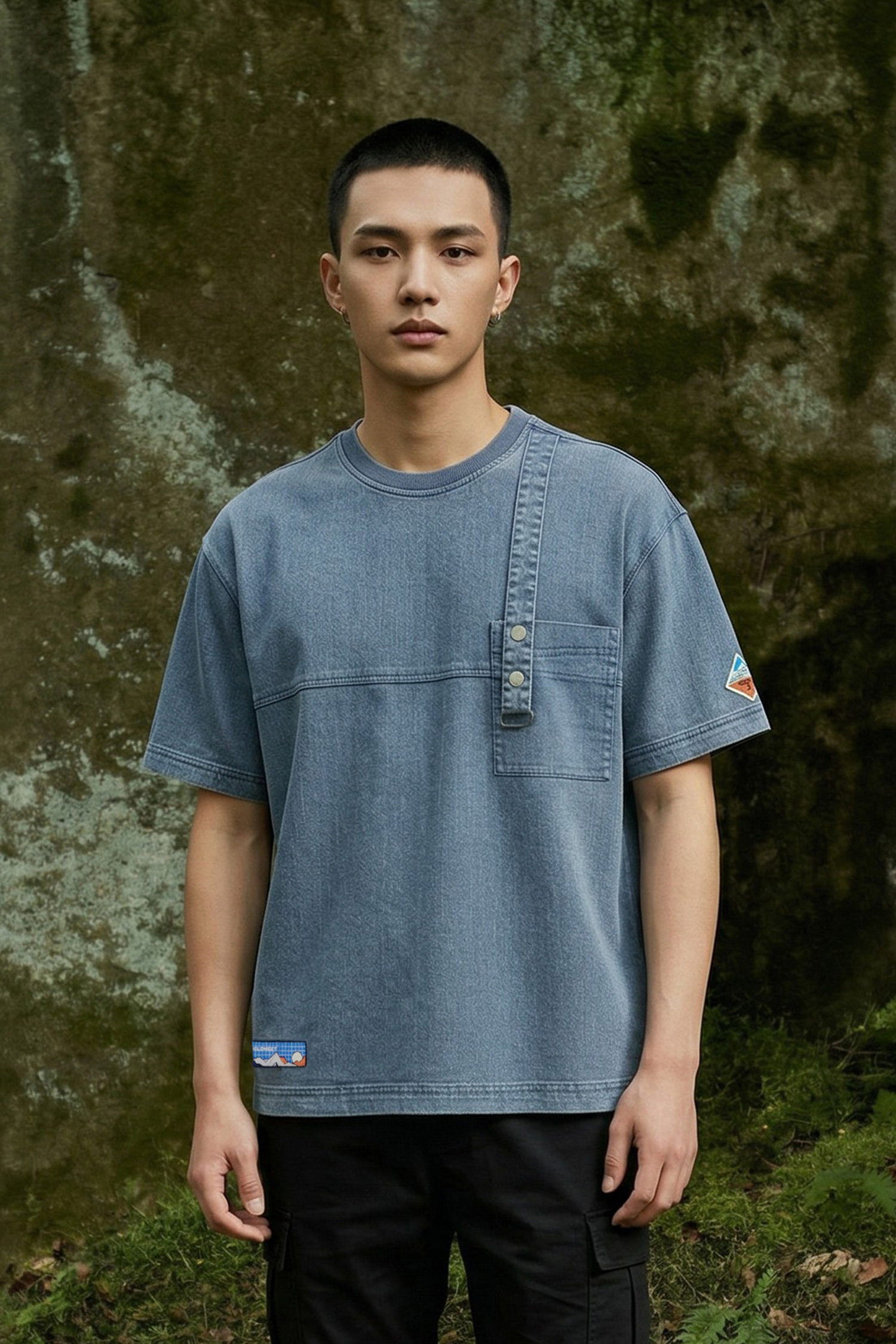 水洗雙色菱格牛仔短袖上衣