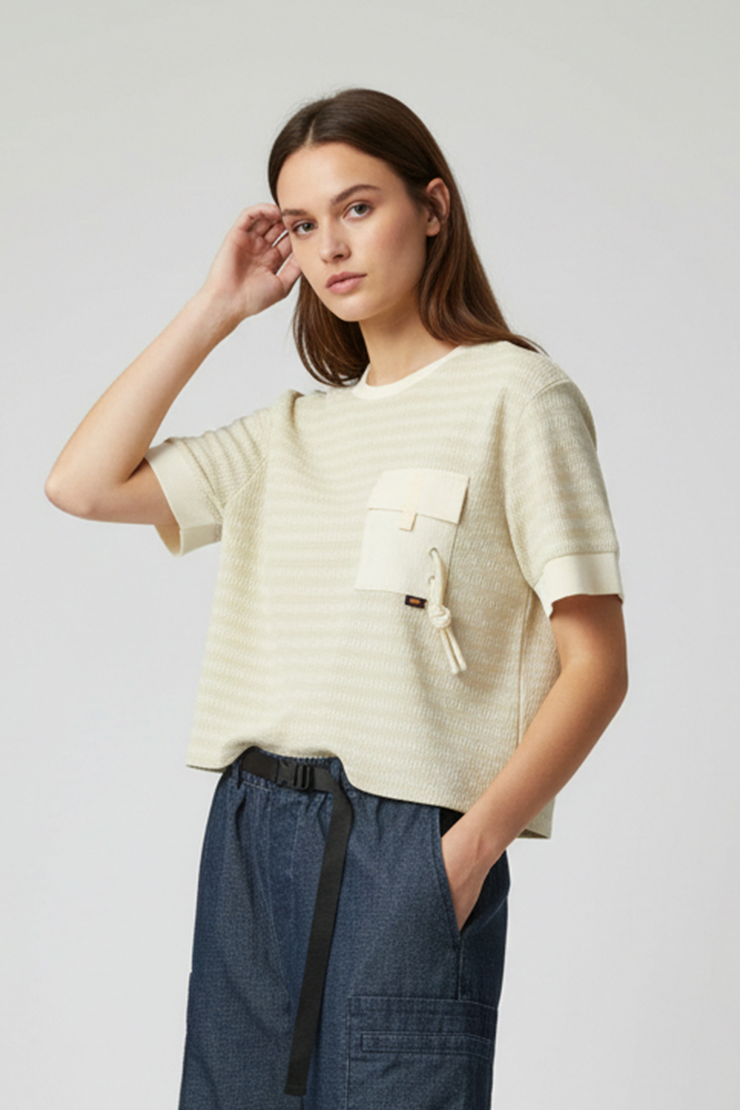 寬版拼接 水波紋短袖上衣(女)