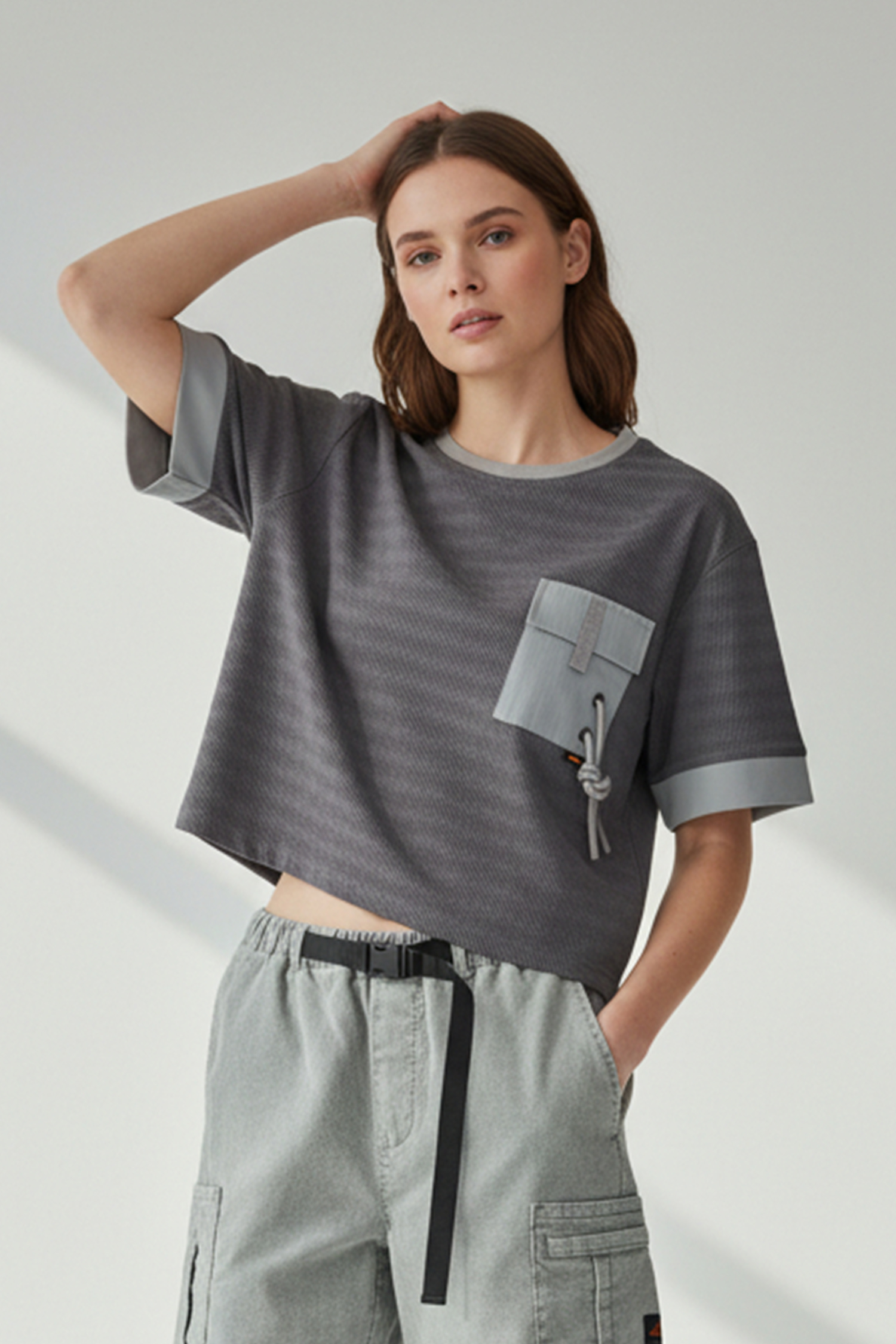 寬版拼接 水波紋短袖上衣(女)