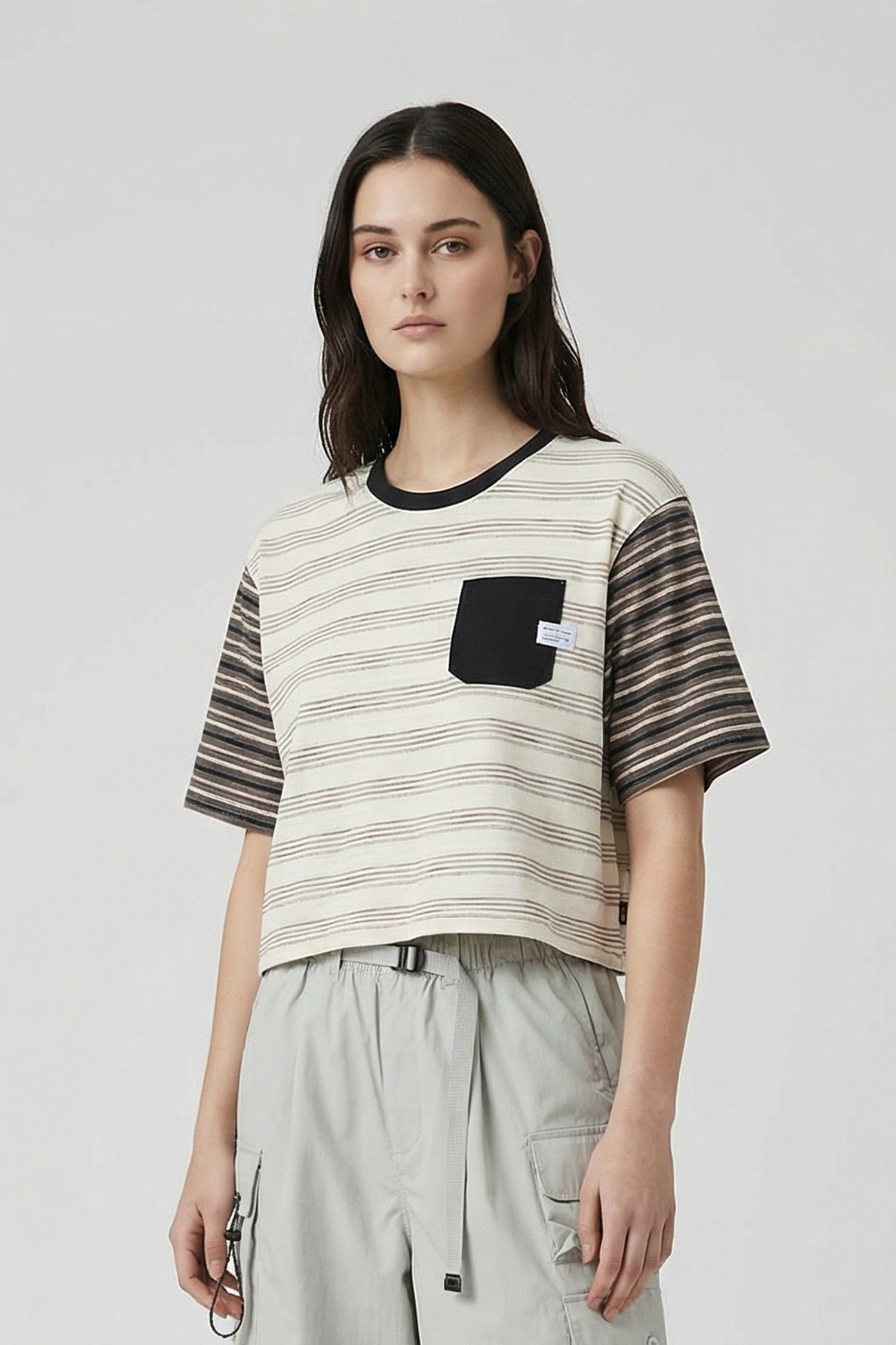寬版拼接 條紋貼袋短袖上衣