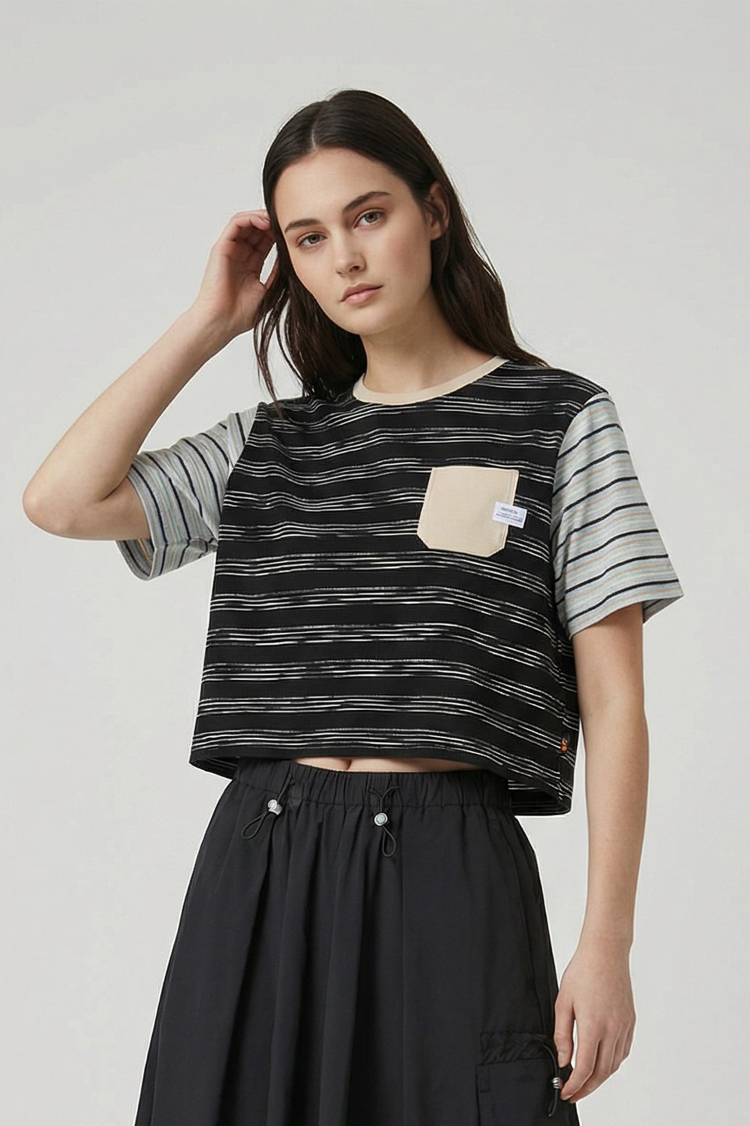 寬版拼接 條紋貼袋短袖上衣