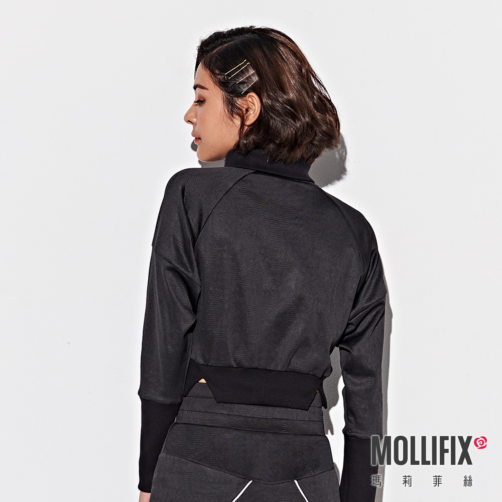 MOLLIFIX 浮凸雕花前拉鍊短版翻領上衣