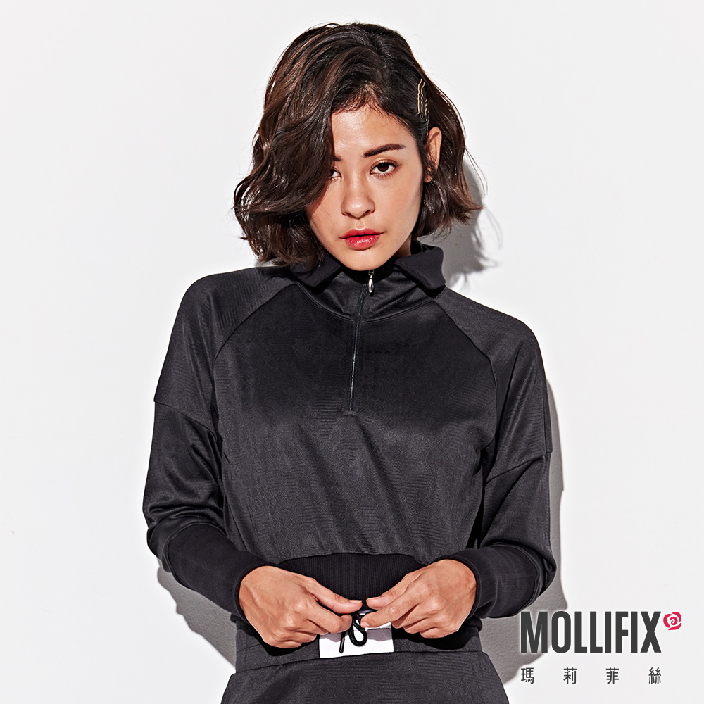 MOLLIFIX 浮凸雕花前拉鍊短版翻領上衣
