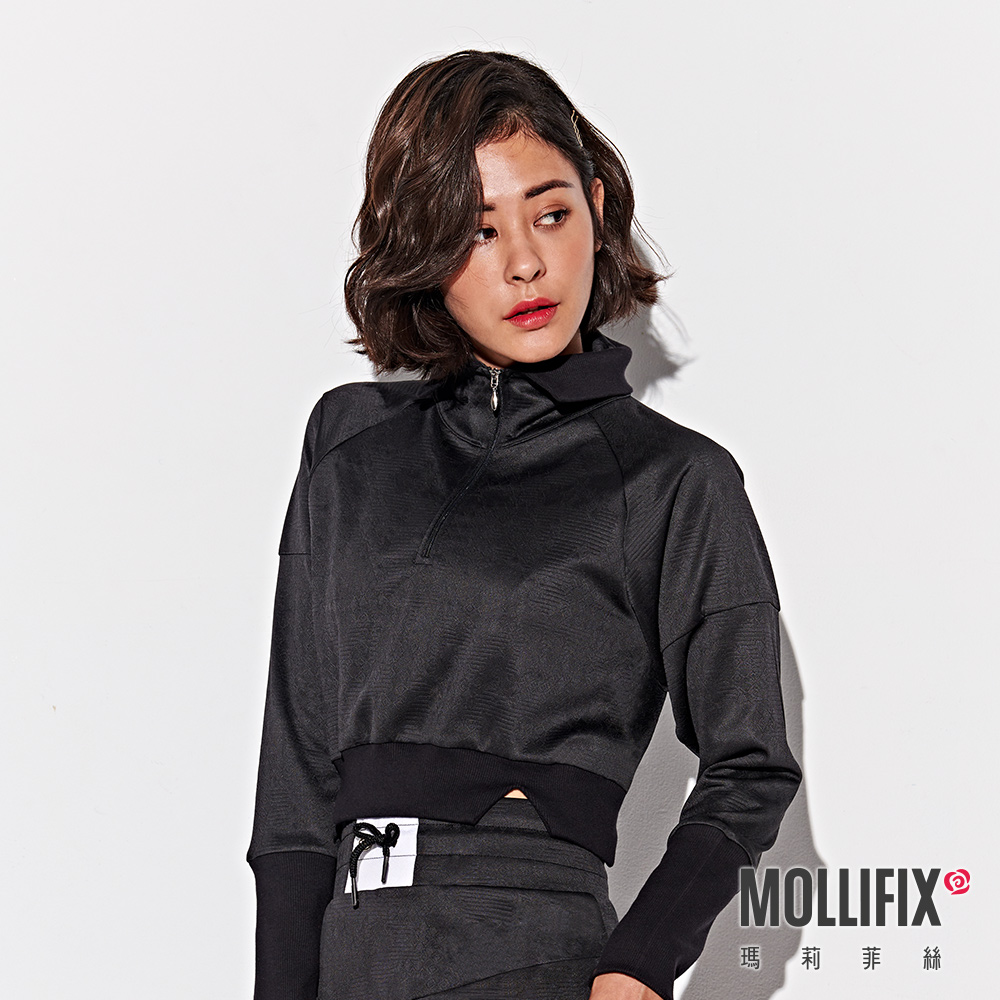 MOLLIFIX 浮凸雕花前拉鍊短版翻領上衣