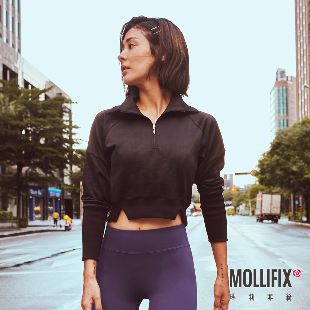 MOLLIFIX 浮凸雕花前拉鍊短版翻領上衣