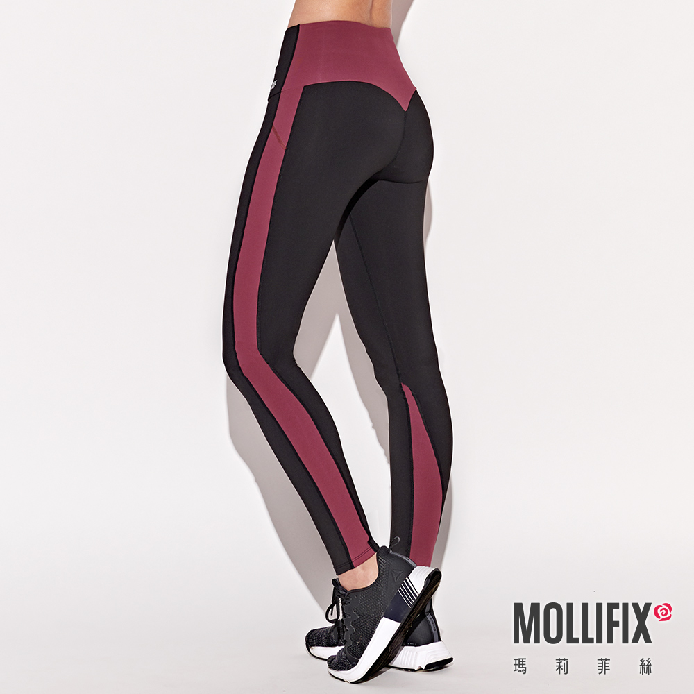 MOLLIFIX 美臀弧線側拼接訓練動塑褲 M(黑+紅藜)