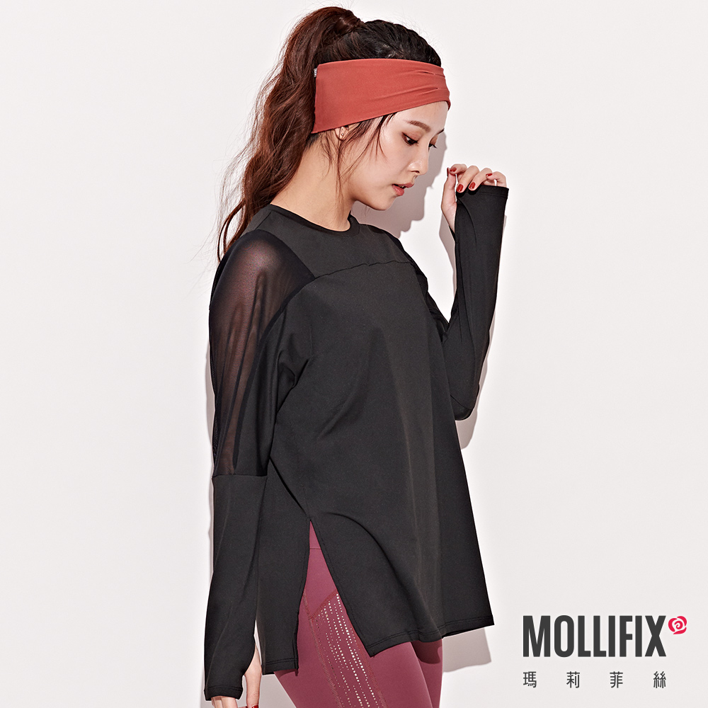 MOLLIFIX 寬版網紗透視長袖上衣