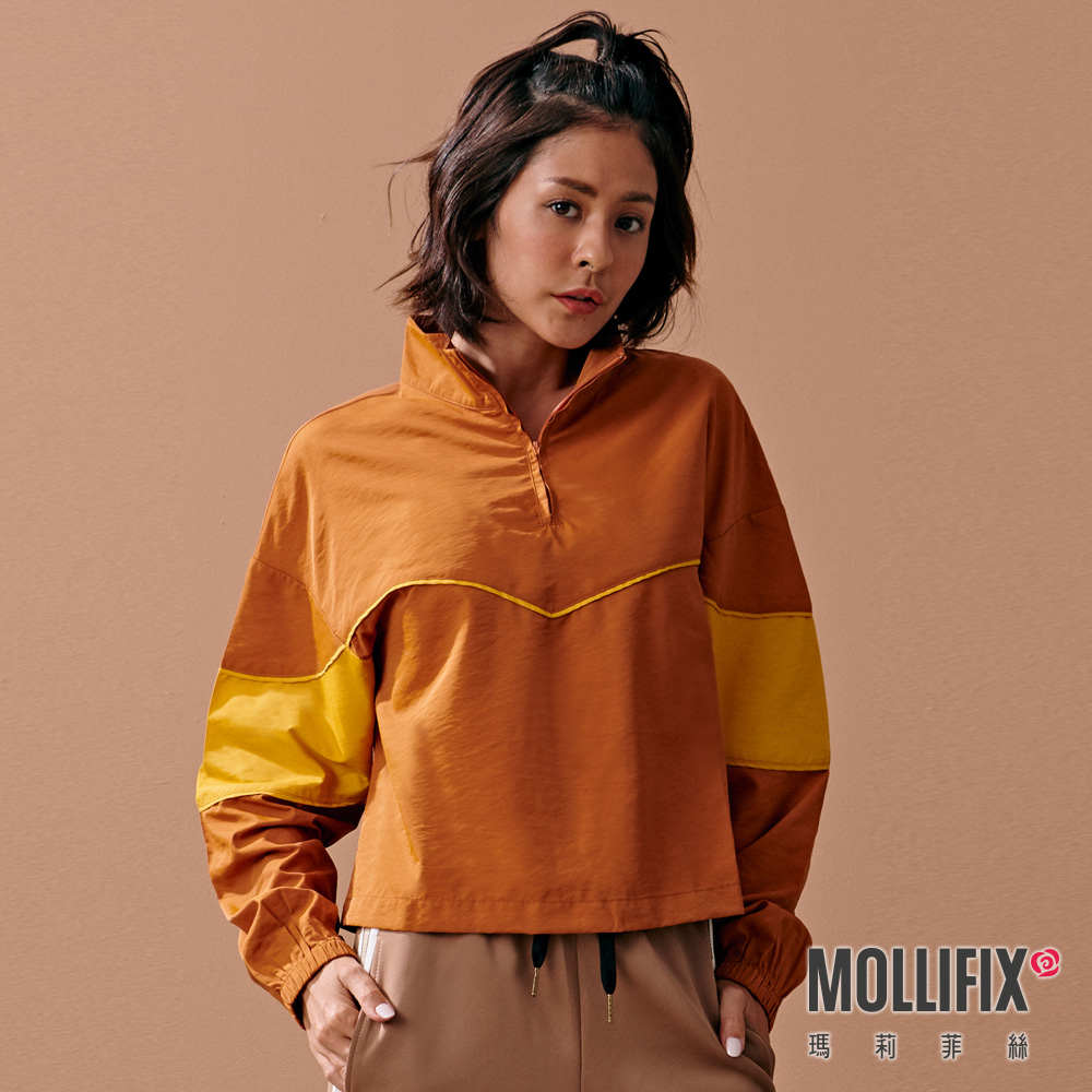 MOLLIFIX 率性撞色立領長袖上衣