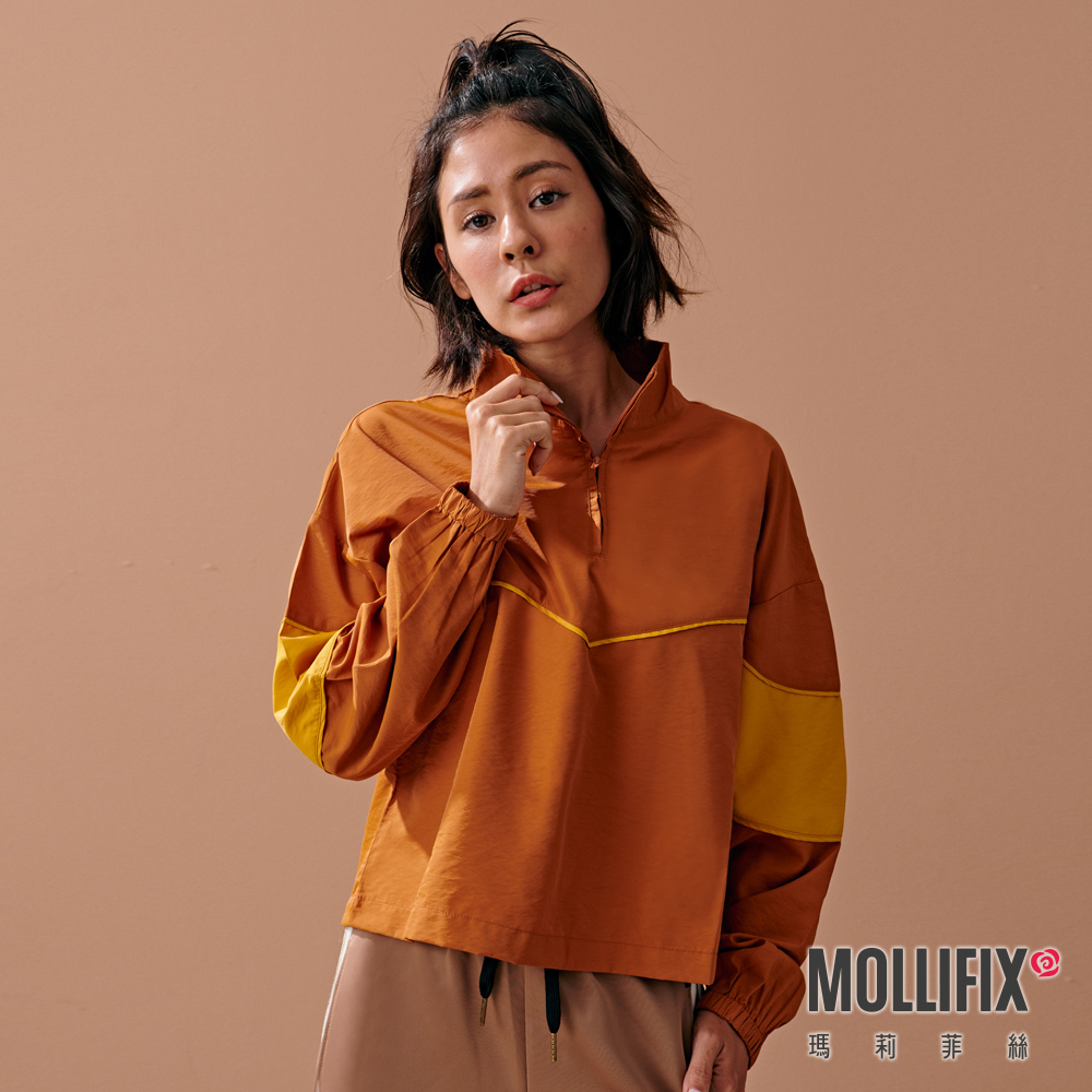 MOLLIFIX 率性撞色立領長袖上衣
