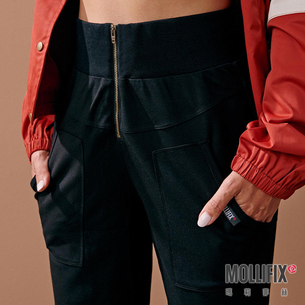 MOLLIFIX 高腰螺紋拉鍊縮口休閒褲