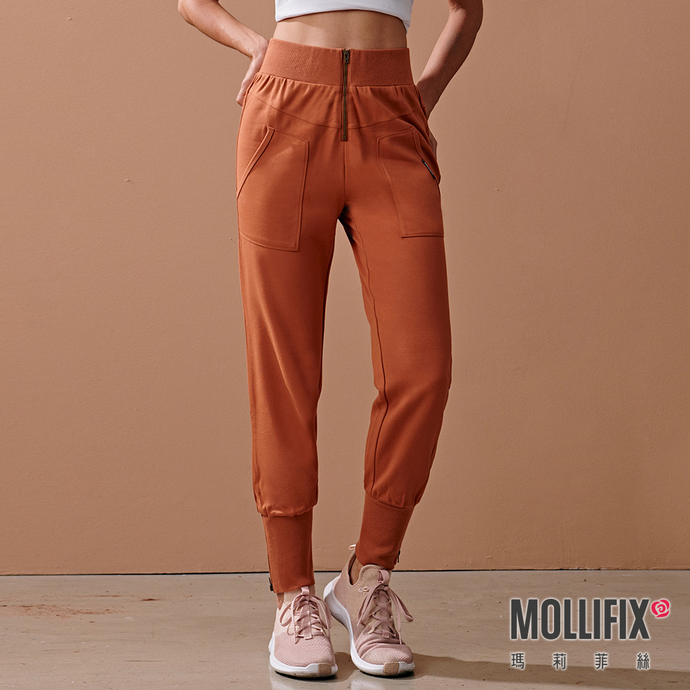MOLLIFIX 高腰螺紋拉鍊縮口休閒褲