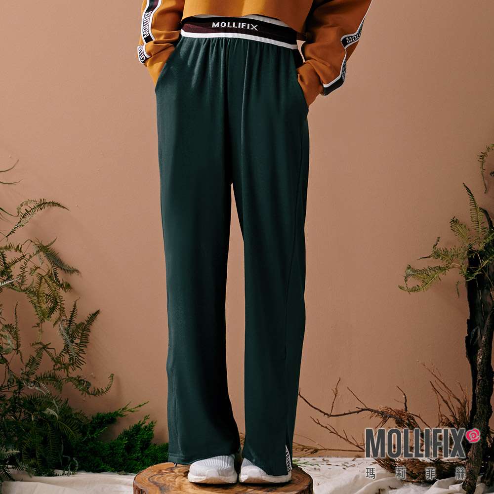 MOLLIFIX 褲頭撞色LOGO針織開岔寬褲