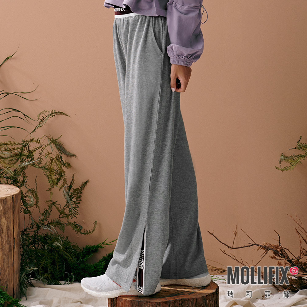 MOLLIFIX 褲頭撞色LOGO針織開岔寬褲