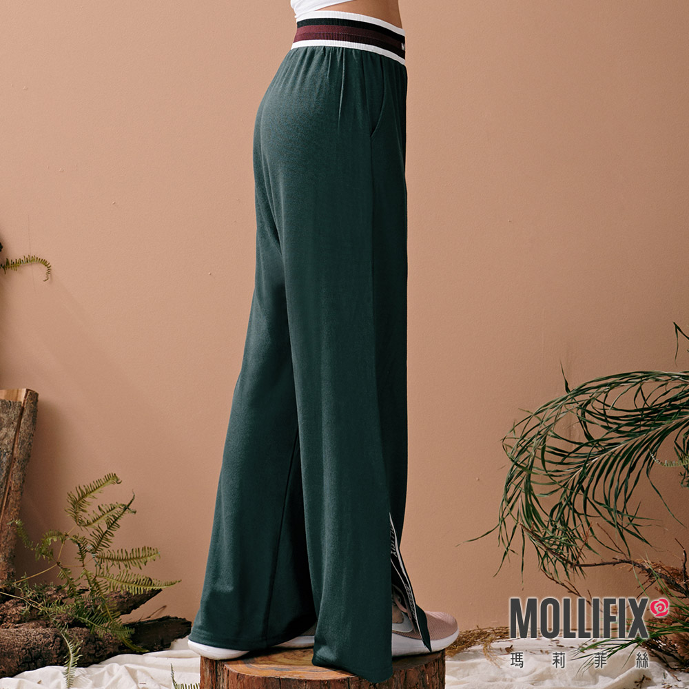 MOLLIFIX 褲頭撞色LOGO針織開岔寬褲