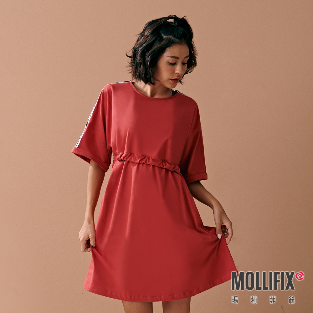MOLLIFIX LOGO織帶抽繩造型短袖洋裝