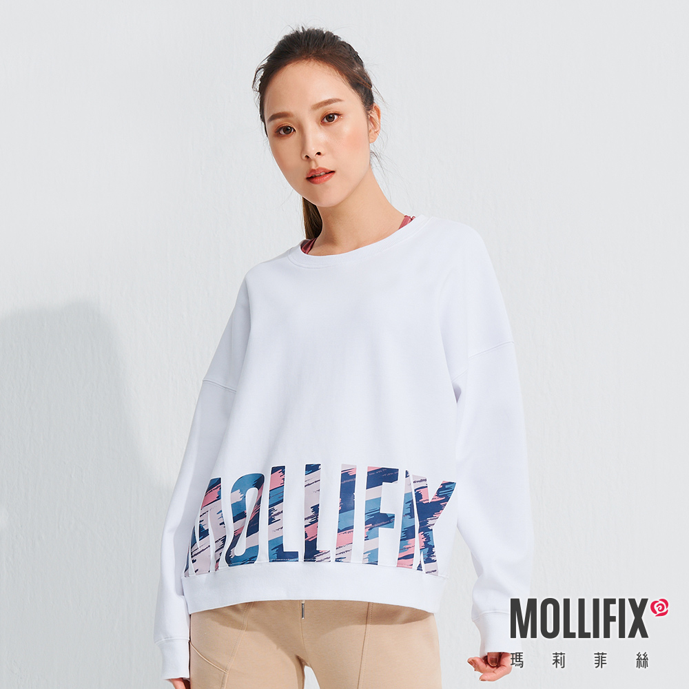 MOLLIFIX 下擺LOGO大學T長袖上衣