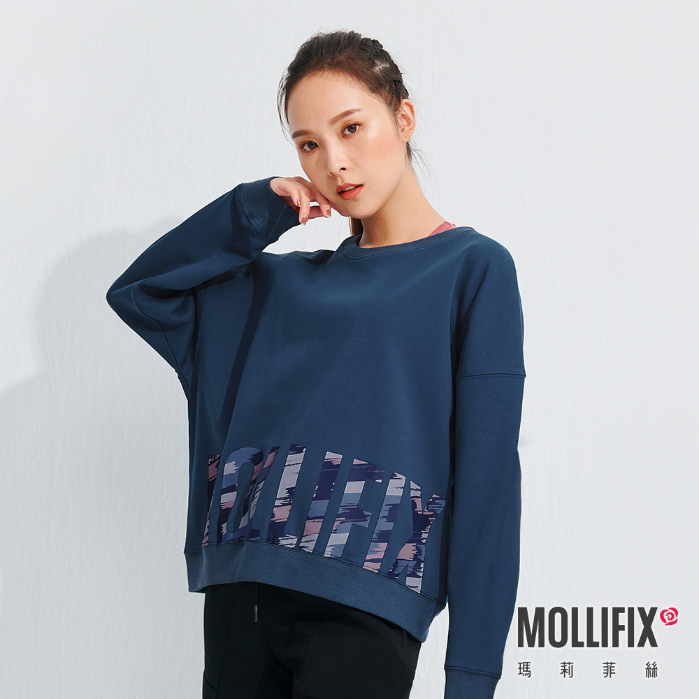MOLLIFIX 下擺LOGO大學T長袖上衣