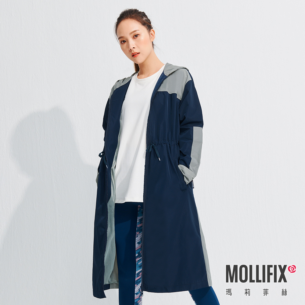 MOLLIFIX 撞色連帽長版風衣外套