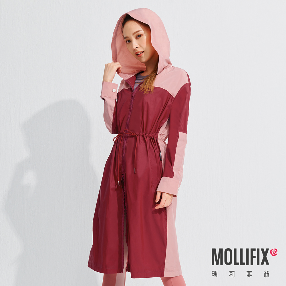 MOLLIFIX 撞色連帽長版風衣外套