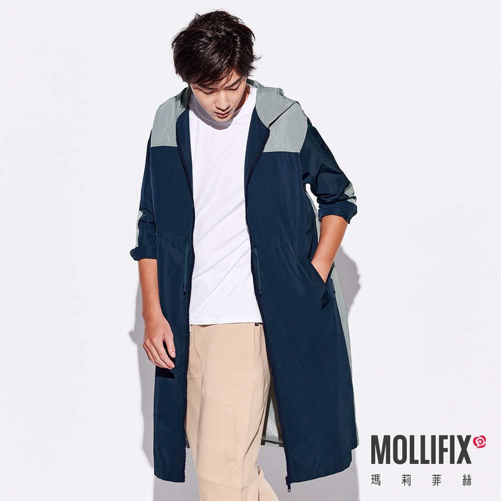 MOLLIFIX 撞色連帽長版風衣外套