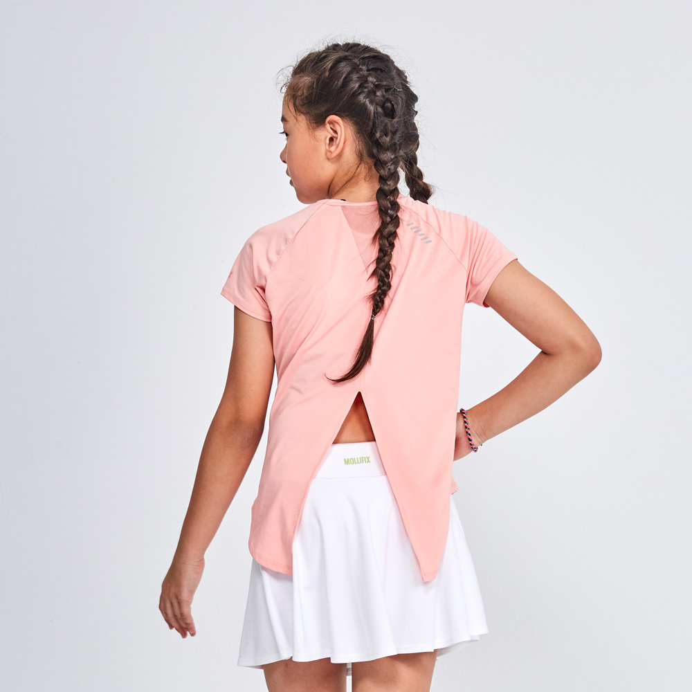 MOLLIFIX 美背後透網開岔短袖上衣