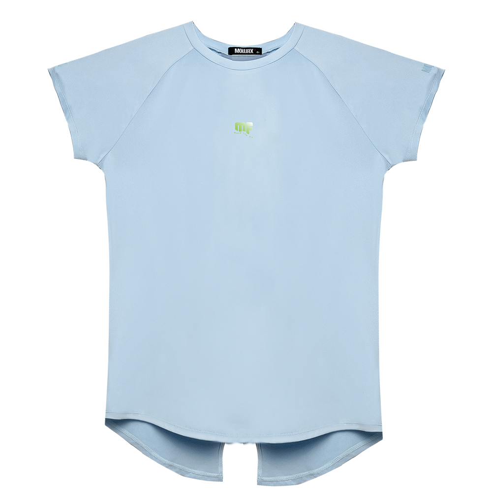 MOLLIFIX 美背後透網開岔短袖上衣