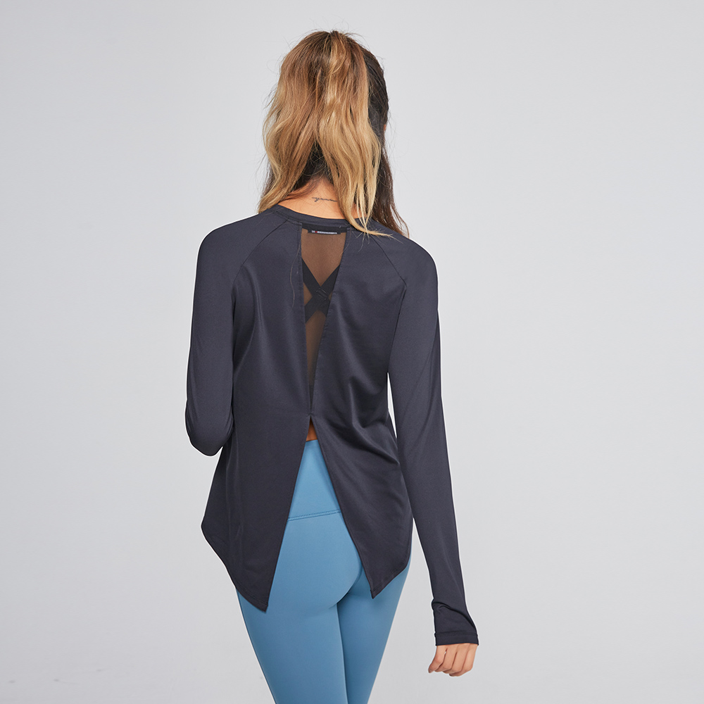 MOLLIFIX 美背後透網開衩長袖訓練上衣