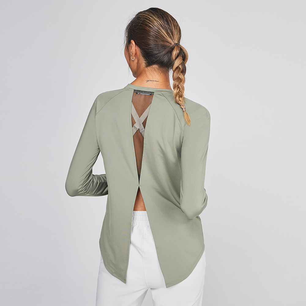 MOLLIFIX 美背後透網開衩長袖訓練上衣