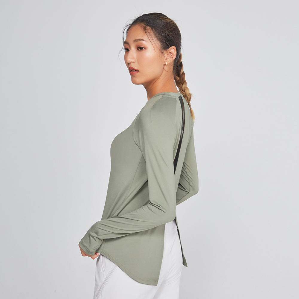 MOLLIFIX 美背後透網開衩長袖訓練上衣