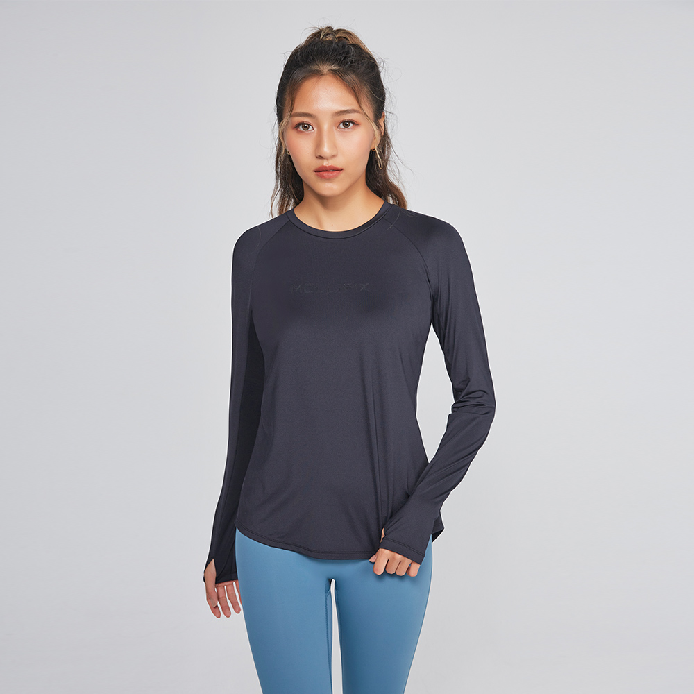 MOLLIFIX 美背後透網開衩長袖訓練上衣