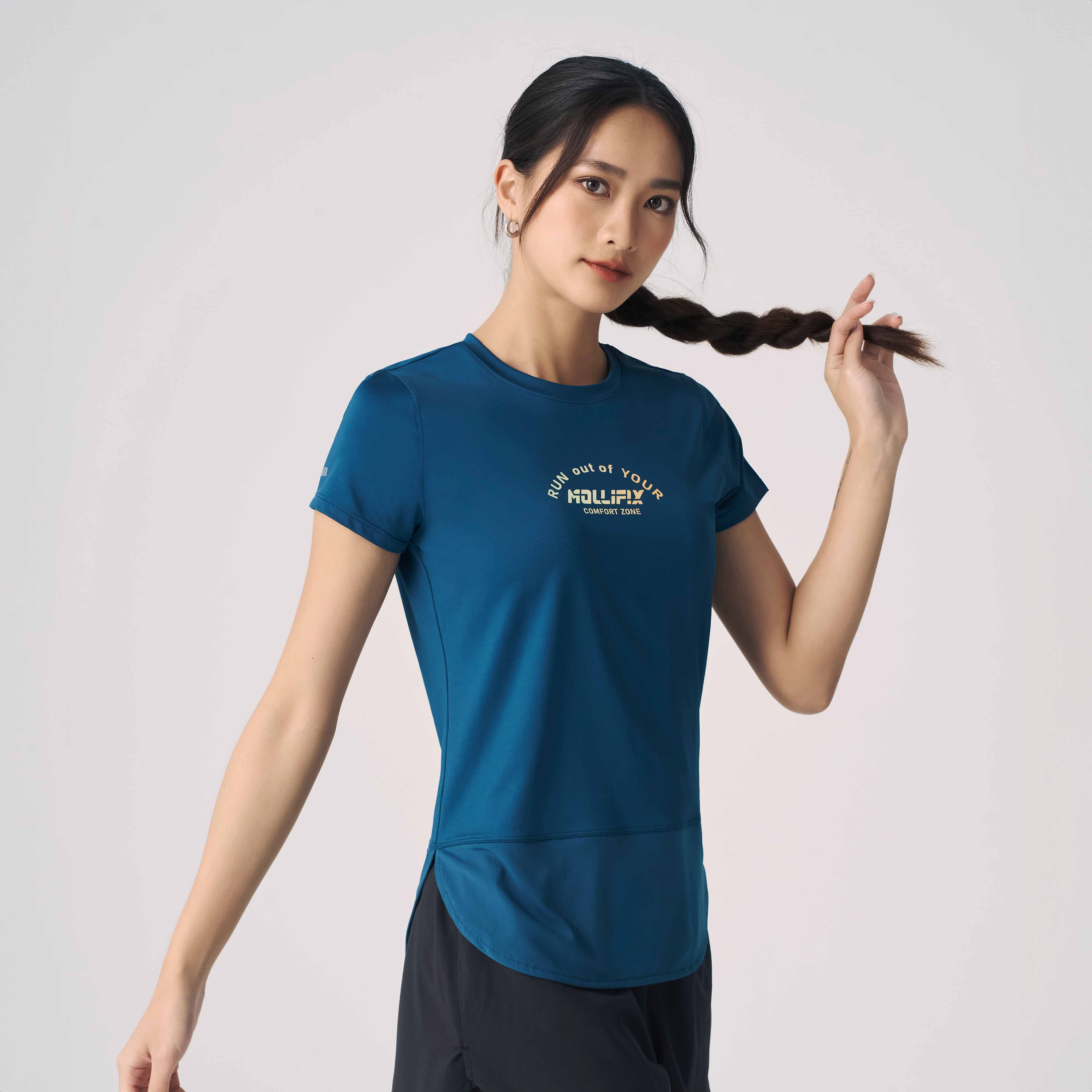 MOLLIFIX 抗菌下擺圓弧拚網短袖上衣