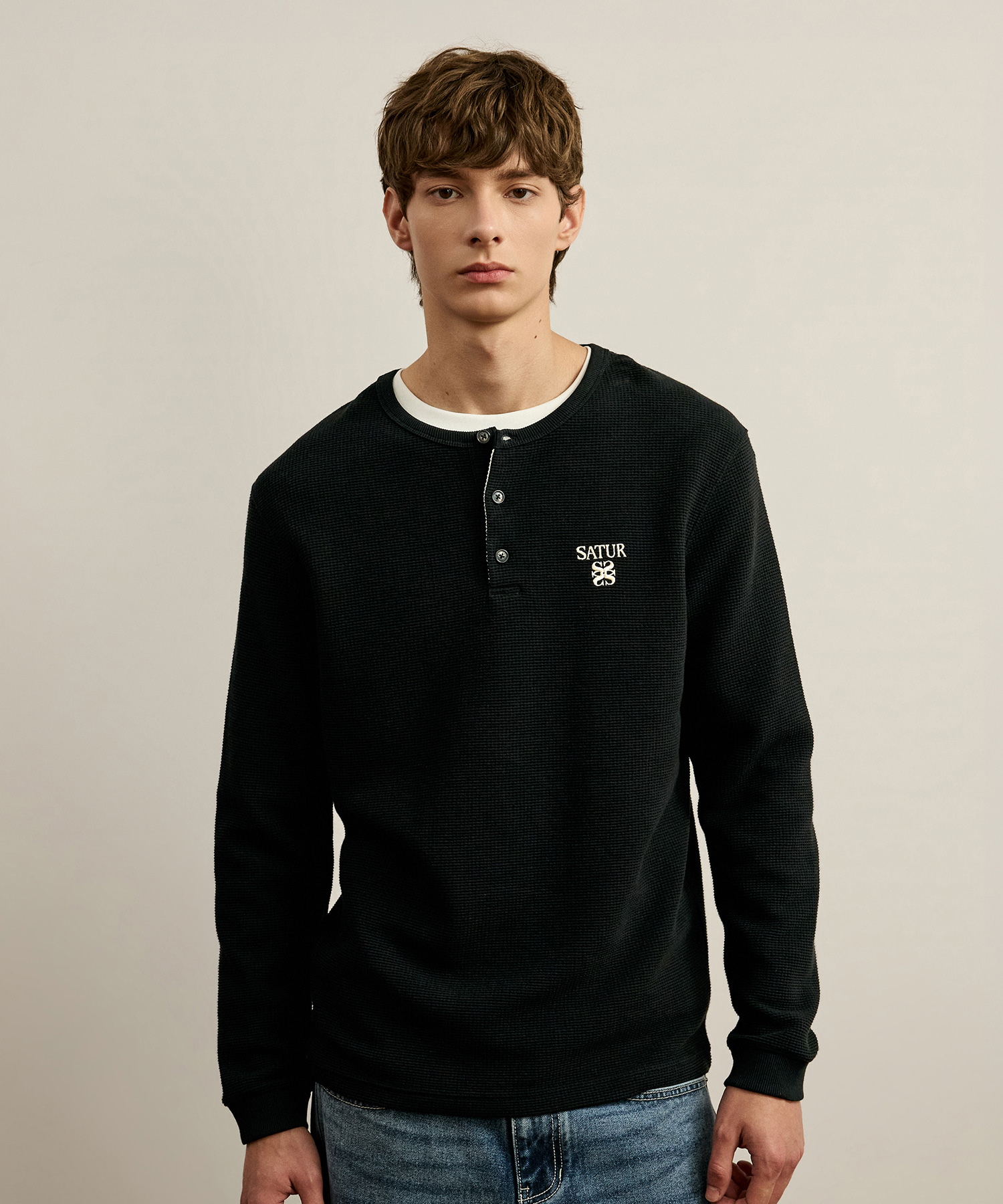 SATUR 華夫格亨利領長袖上衣 (U) Waffle Henley Neck Long Sleeve
