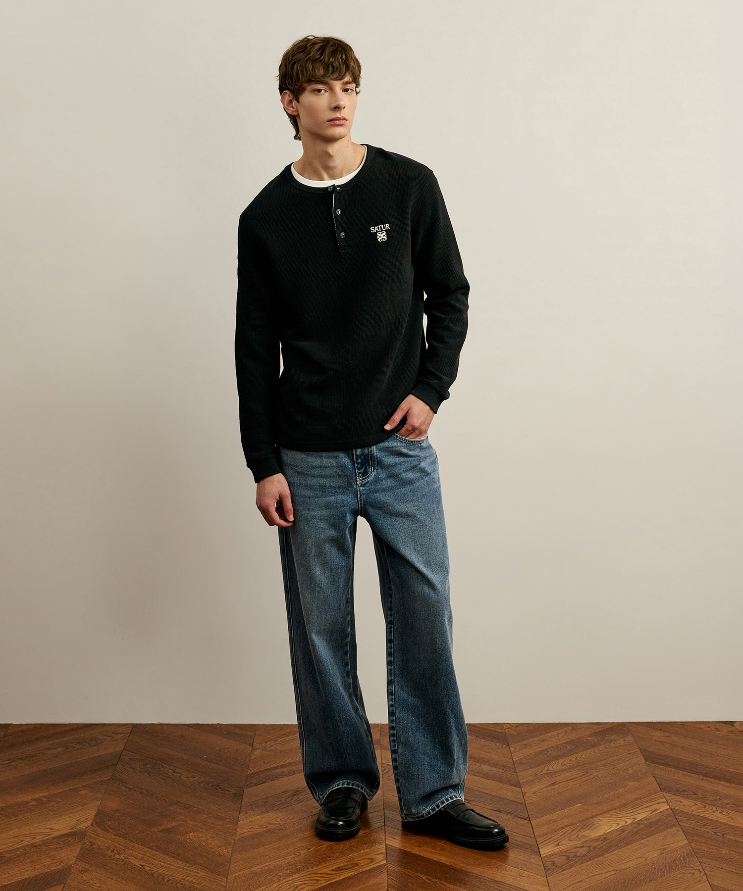 SATUR 華夫格亨利領長袖上衣 (U) Waffle Henley Neck Long Sleeve