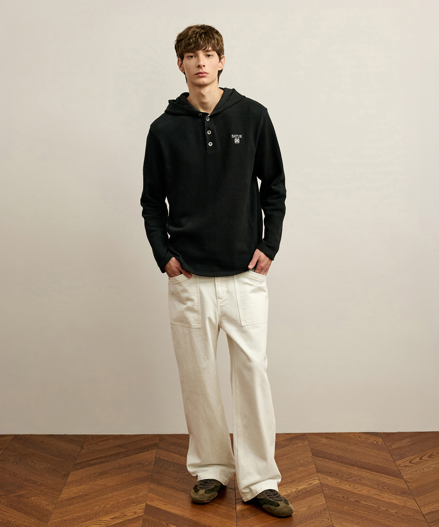 SATUR 華夫格半開襟連帽長袖上衣 (U) Waffle Button Up Hoodie