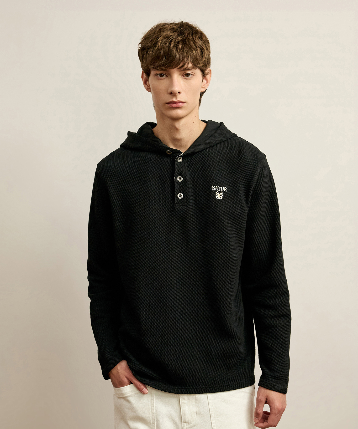 SATUR 華夫格半開襟連帽長袖上衣 (U) Waffle Button Up Hoodie