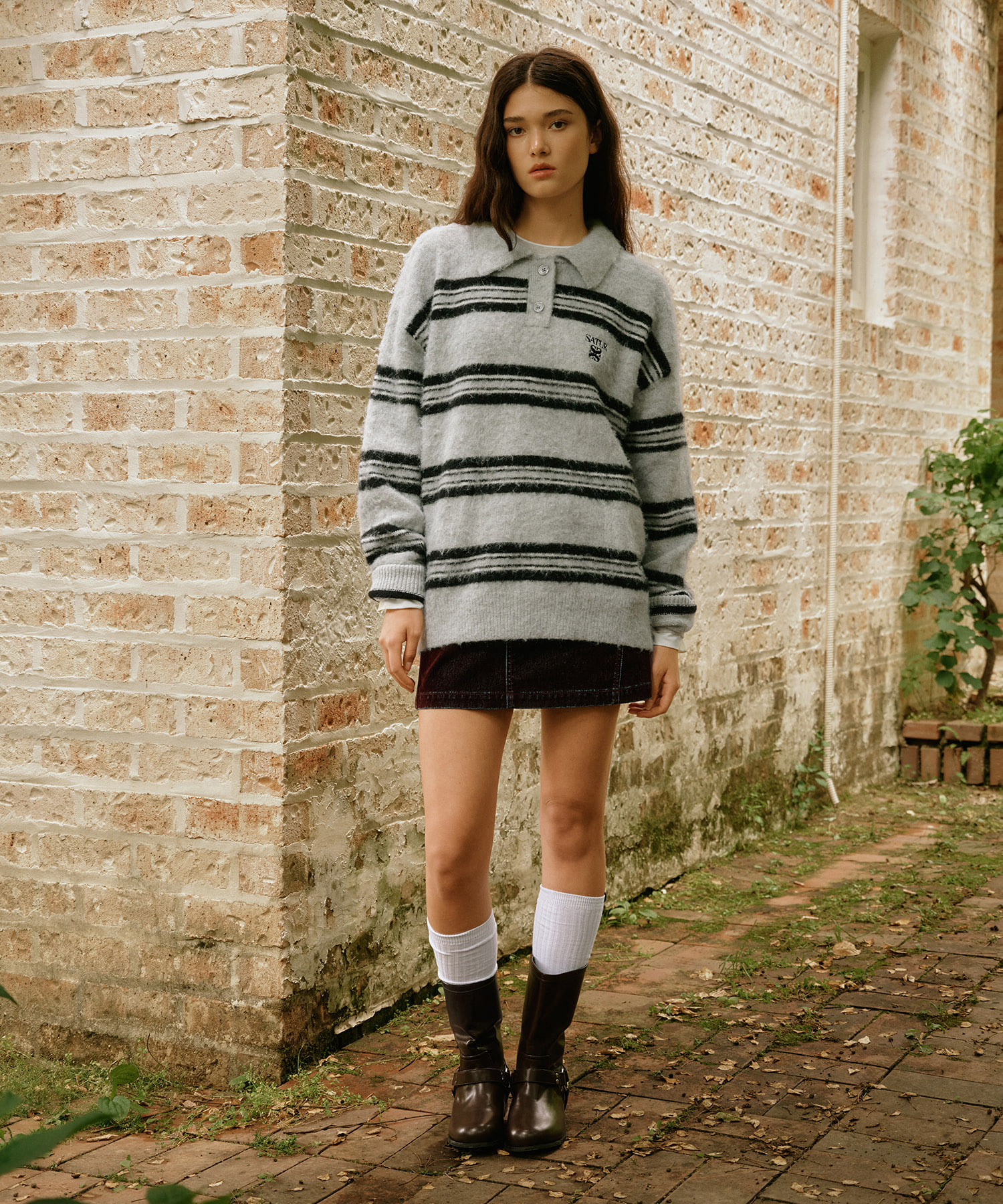 SATUR 條紋Polo領長袖針織衫 (U) Stripe Polo Knit